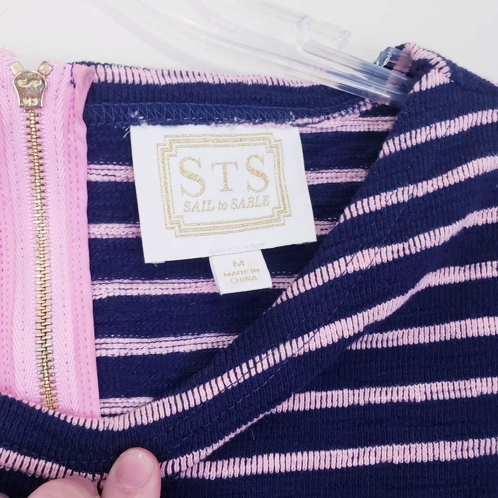 Sail to Sable Navy Blue Pink Stripe Ruffle Sleeve French Terry Blouse Medium - Picture 8 of 12